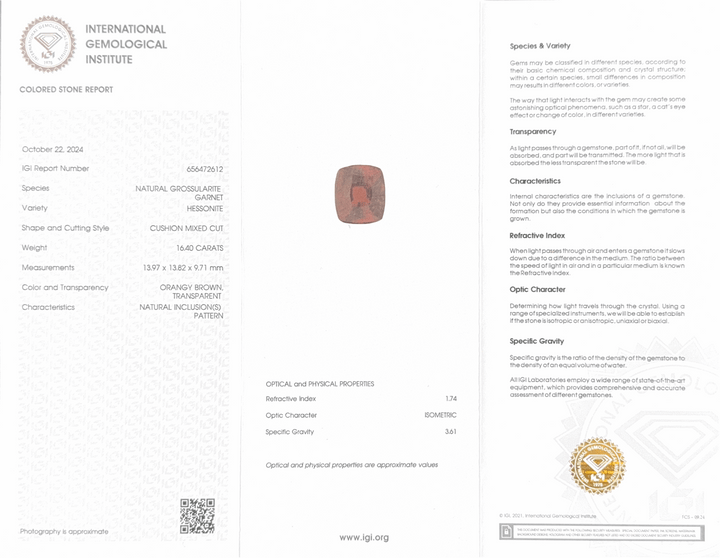 Hessonite (Gomed) - 16.40 Carat (Ceylon) (IGI Certified)