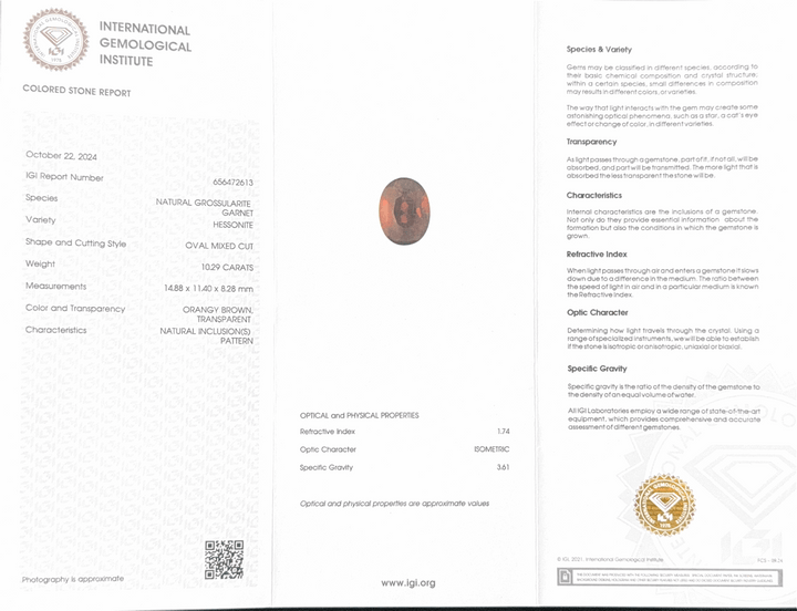Hessonite (Gomed) - 10.29 Carat (Ceylon) (IGI Certified)