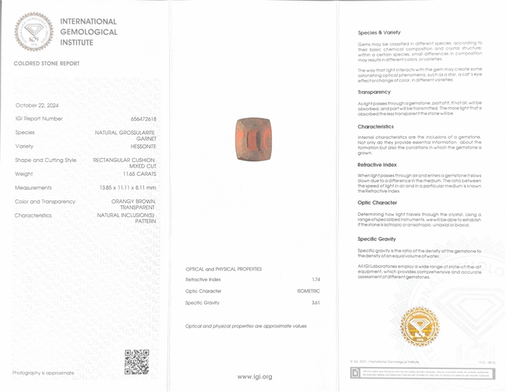 Hessonite (Gomed) - 11.65 Carat (Ceylon) (IGI Certified)