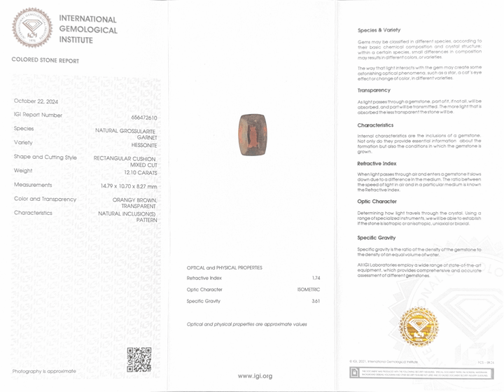 Hessonite (Gomed) - 12.10 Carat (Ceylon) (IGI Certified)