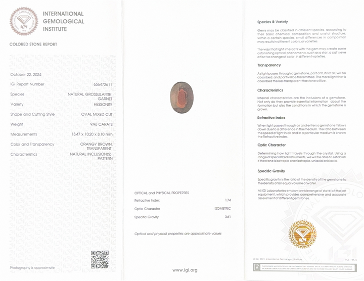 Hessonite (Gomed) - 9.96 Carat (Ceylon) (IGI Certified)